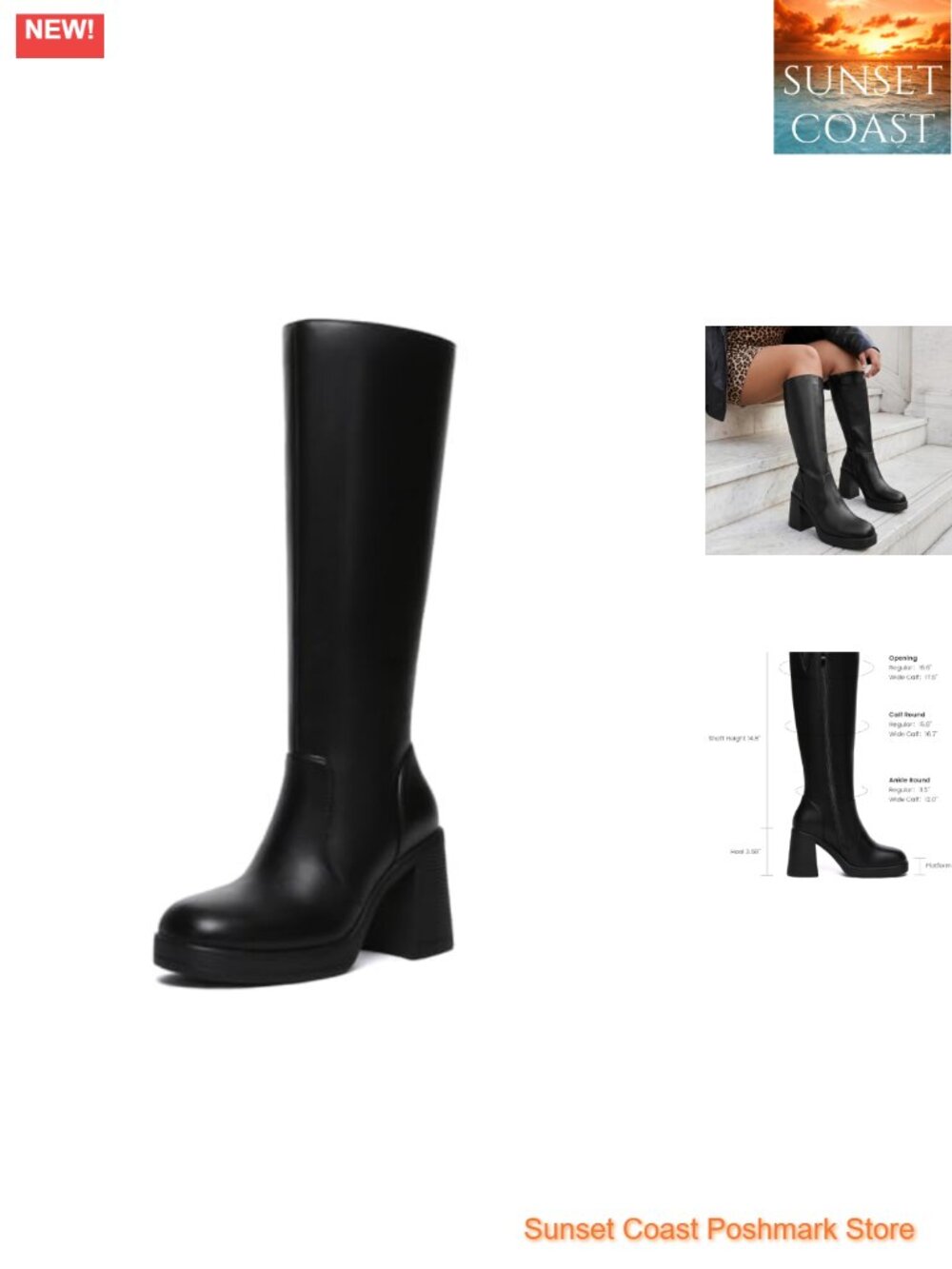 Knee High Wide Calf Platform Boots Side Zipper Square Toe Chunky Heel